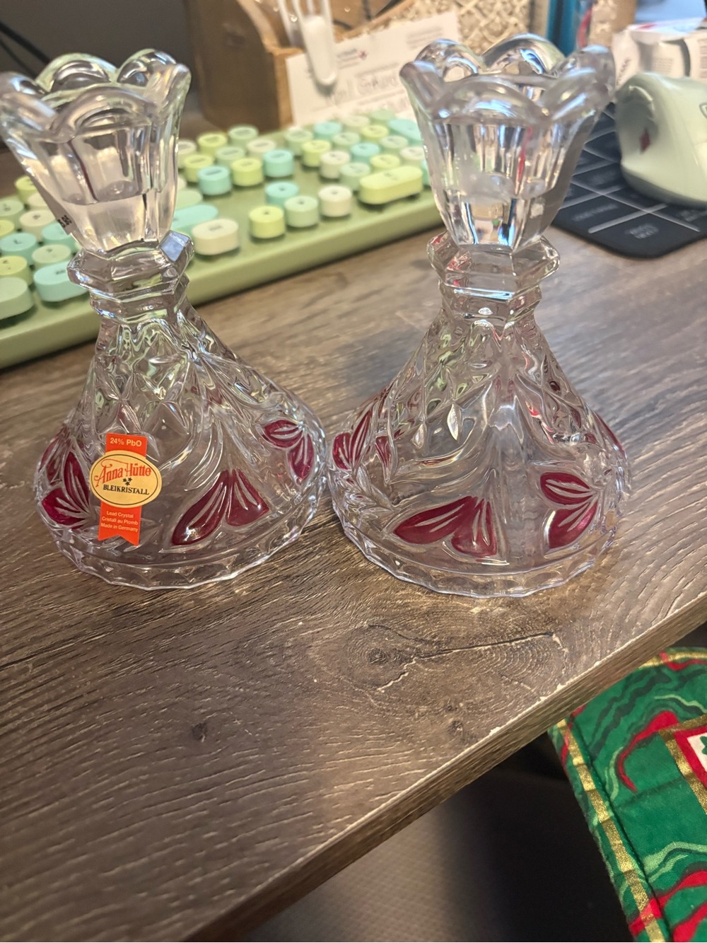 Anna-Hütte Crystal Candlestick Pair in Clear with Red Accents